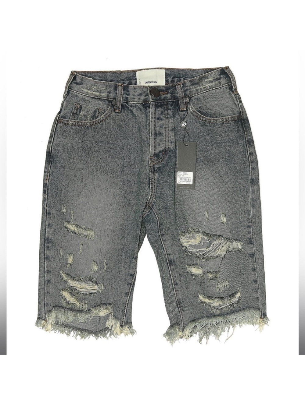 One Teaspoon Trucker Denim Shorts High Rise Distressed Black Gray Bermuda 24 NWT